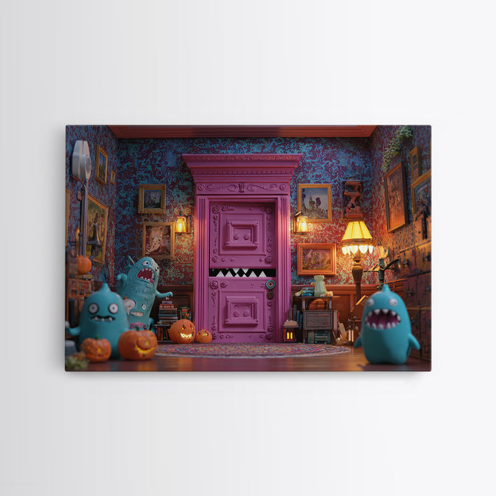 The Thirteenth Door Of Arkham House, Retro Neon Halloween Art, Landscape Wall Art, Canvas Print, Retro Halloween Decor, Neon Wall Art