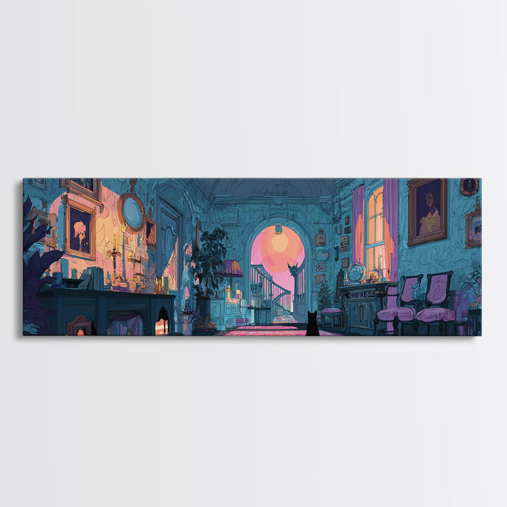 The Thirteenth Door Of Arkham House, Cute Eldritch Neon Art, Extra Wide Wall Art, Framed Canvas Print, Retro Halloween Decor, Neon Wall Art