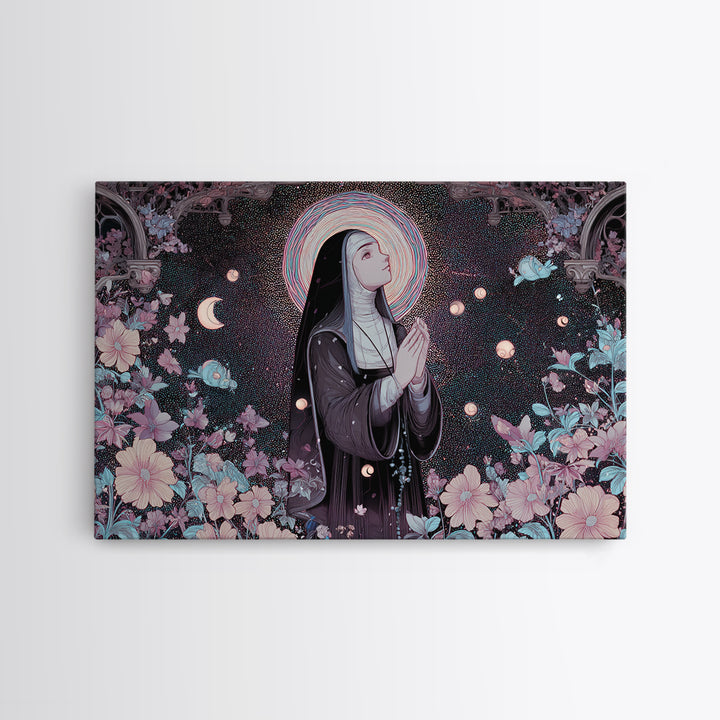 The Nun Of The Endless Constellation, Vaporwave Halloween Decor, Landscape Wall Art, Canvas Print, Retro Halloween Decor, Neon Wall Art