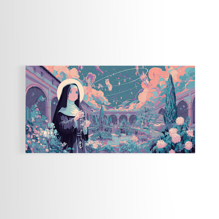 The Nun Of The Endless Constellation, Synthwave Halloween Art, Wide Panoramic Art, Framed Canvas Print, Retro Halloween Decor, Neon Wall Art