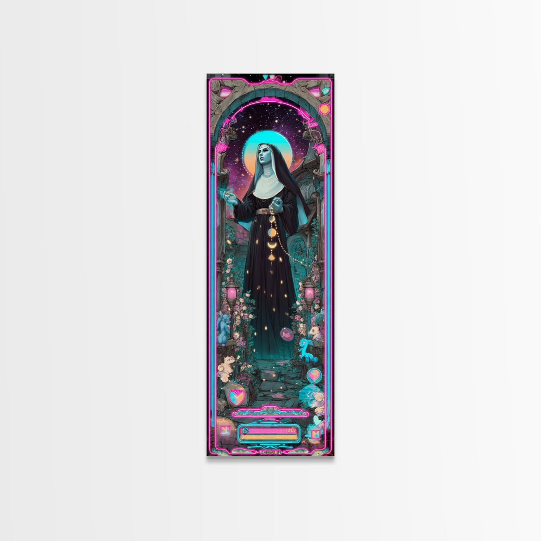 The Nun Of The Endless Constellation, Synthwave Halloween Art, Tall Narrow Wall Art, Canvas Print, Retro Halloween Decor, Neon Wall Art