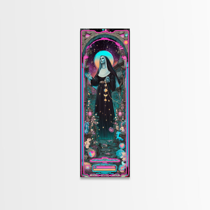 The Nun Of The Endless Constellation, Synthwave Halloween Art, Tall Narrow Wall Art, Canvas Print, Retro Halloween Decor, Neon Wall Art