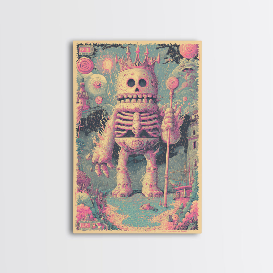 The Salt King Of The Black Shore, Cosmic Synthwave Horror, Vertical Wall Art, Canvas Print, Retro Halloween Decor, Neon Wall Art