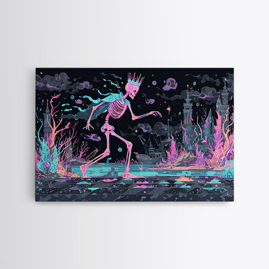 The Salt King Of The Black Shore, Cute Spooky Neon Art, Landscape Wall Art, Canvas Print, Retro Halloween Decor, Neon Wall Art