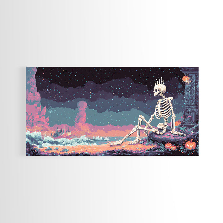 The Salt King Of The Black Shore, Vaporwave Halloween Decor, Wide Panoramic Art, Canvas Print, Retro Halloween Decor, Neon Wall Art