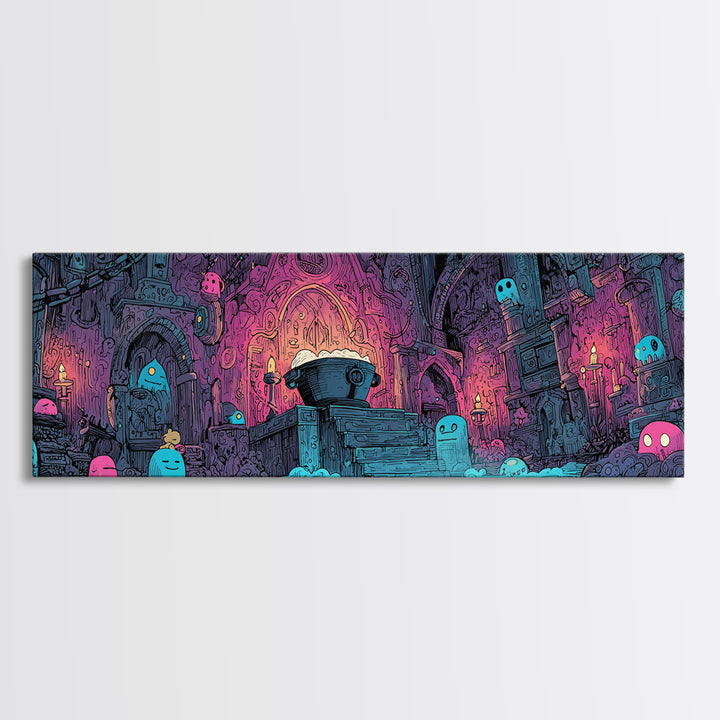 The Dreamwell Beneath Miskatonic, 80s Halloween Wall Art, Extra Wide Wall Art, Canvas Print, Retro Halloween Decor, Neon Wall Art