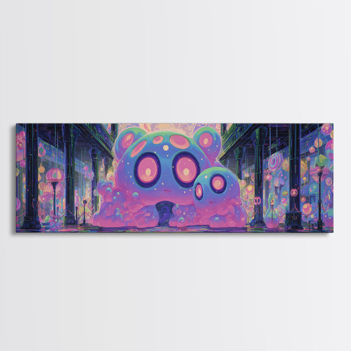 The Custodian Of The Whispering Idol, Cute Eldritch Neon Art, Extra Wide Wall Art, Framed Canvas Print, Retro Halloween Decor, Neon Wall Art