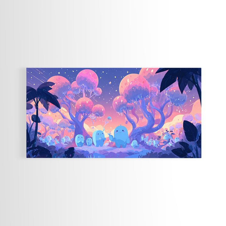 The Children Of The Star Orchard, Vaporwave Halloween Decor, Wide Panoramic Art, Framed Canvas Print, Retro Halloween Decor, Neon Wall Art
