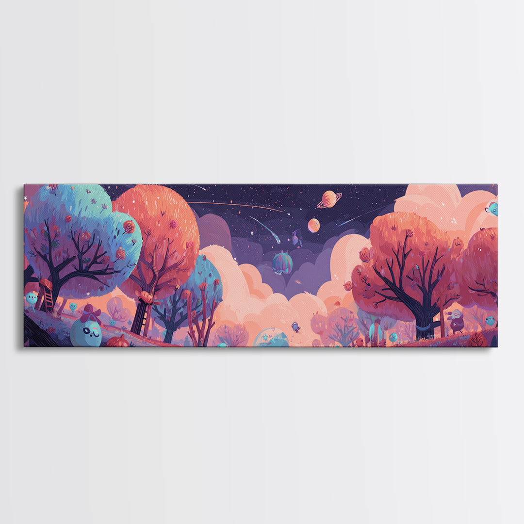 The Children Of The Star Orchard, Cosmic Synthwave Horror, Extra Wide Wall Art, Framed Canvas Print, Retro Halloween Decor, Neon Wall Art