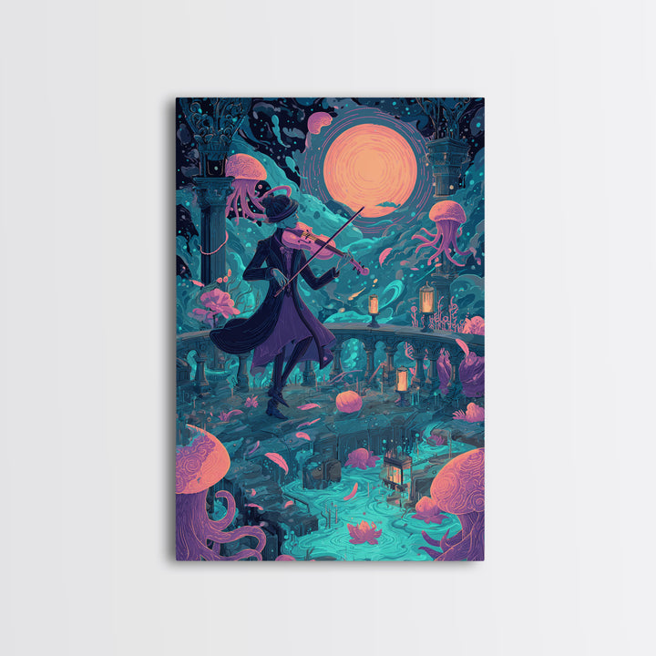 The Violinist Of The Drowned Moon, Retro Neon Halloween Art, Vertical Wall Art, Canvas Print, Retro Halloween Decor, Neon Wall Art