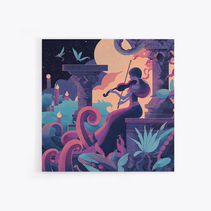 The Violinist Of The Drowned Moon, Cute Eldritch Neon Art, Square Wall Art, Canvas Print, Retro Halloween Decor, Neon Wall Art