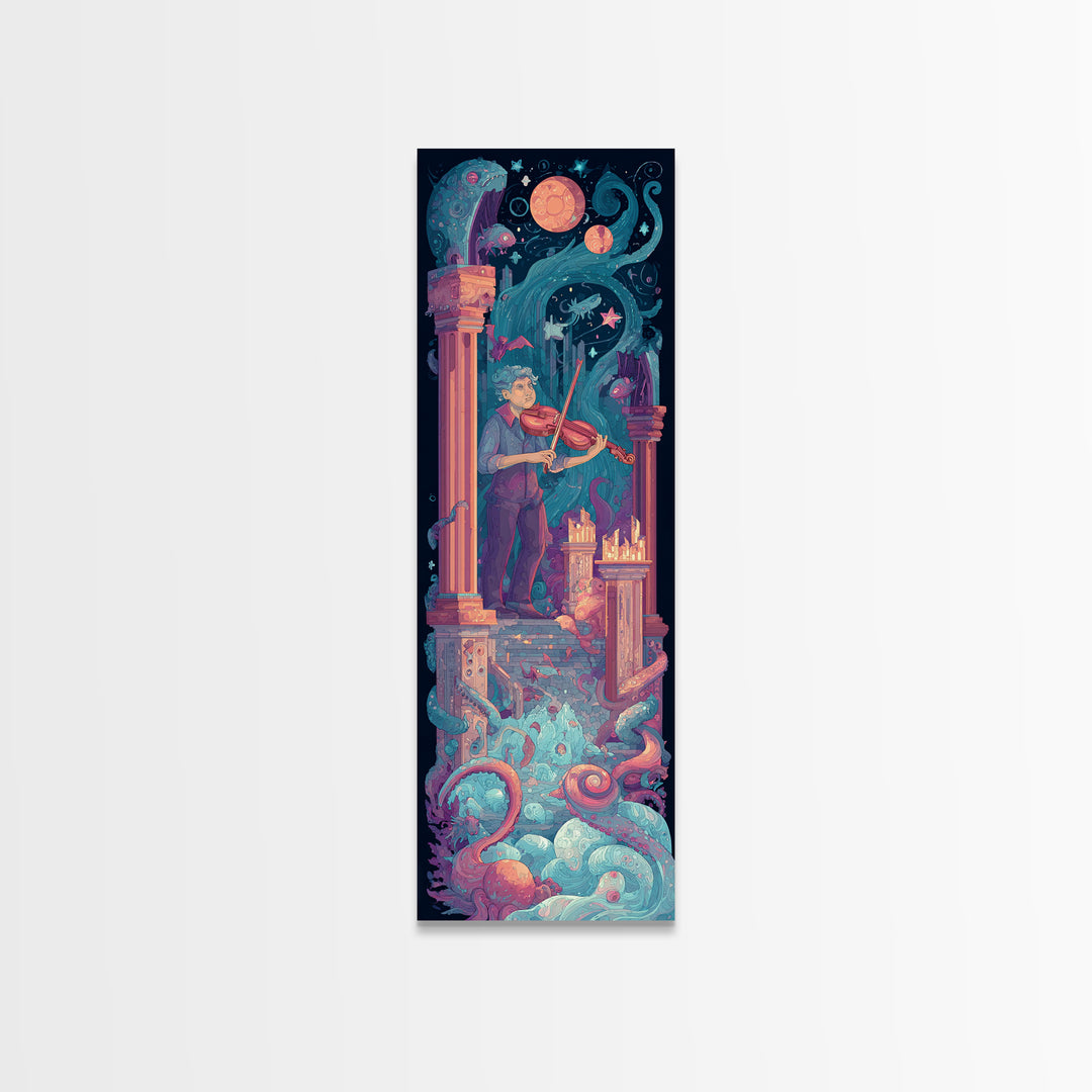 The Violinist Of The Drowned Moon, Synthwave Halloween Art, Tall Narrow Wall Art, Canvas Print, Retro Halloween Decor, Neon Wall Art