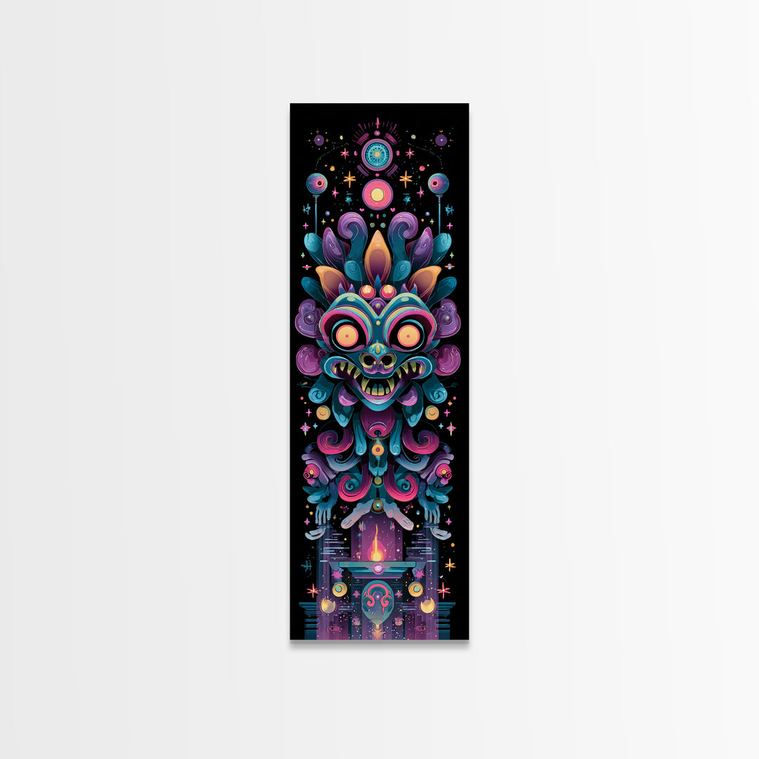 The Mask Of The Crawling God, Synthwave Halloween Art, Tall Narrow Wall Art, Framed Canvas Print, Retro Halloween Decor, Neon Wall Art
