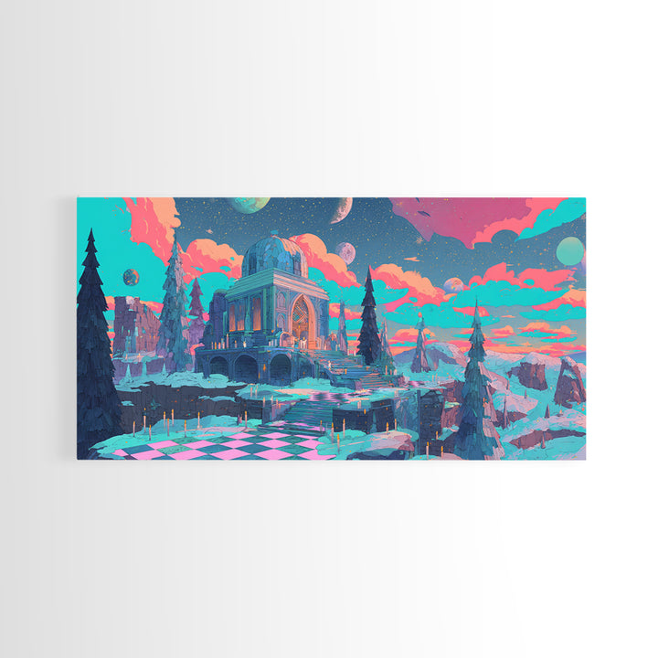 The Candelit Ark Of Forgotten Stars, Cosmic Synthwave Horror, Wide Panoramic Art, Framed Canvas Print, Retro Halloween Decor, Neon Wall Art