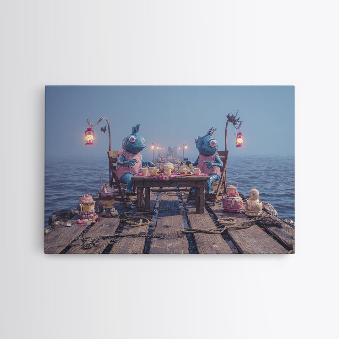 The Tea Party At Innsmouth Pier, 80s Halloween Wall Art, Landscape Wall Art, Framed Canvas Print, Retro Halloween Decor, Neon Wall Art