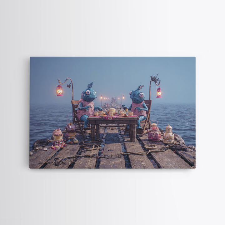The Tea Party At Innsmouth Pier, 80s Halloween Wall Art, Landscape Wall Art, Framed Canvas Print, Retro Halloween Decor, Neon Wall Art