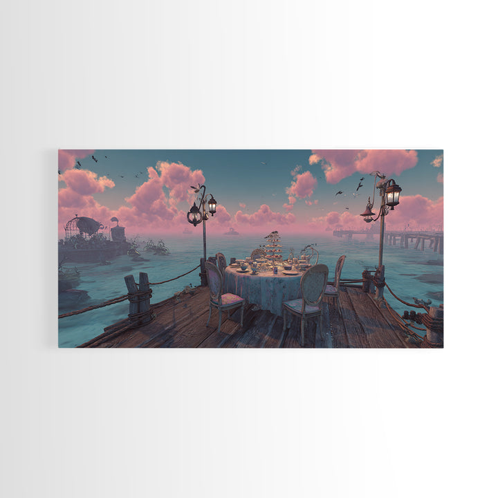 The Tea Party At Innsmouth Pier, Cute Eldritch Neon Art, Wide Panoramic Art, Canvas Print, Retro Halloween Decor, Neon Wall Art