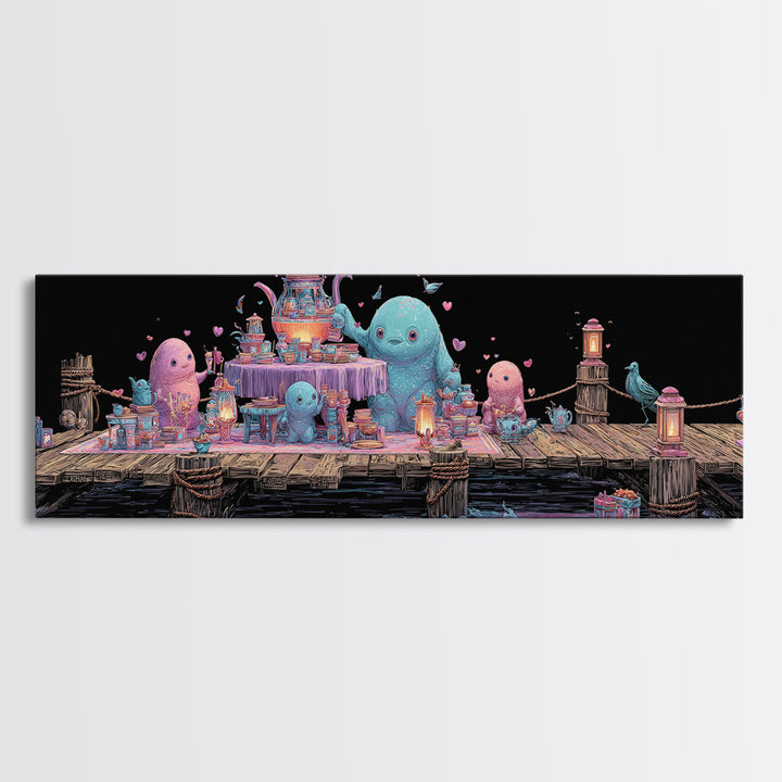 The Tea Party At Innsmouth Pier, Cute Eldritch Neon Art, Extra Wide Wall Art, Canvas Print, Retro Halloween Decor, Neon Wall Art