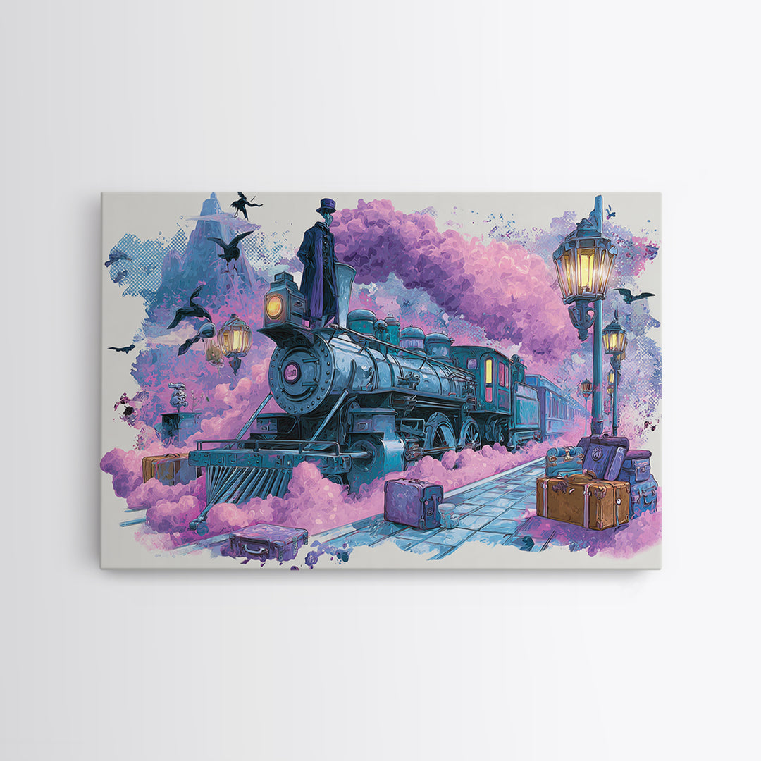 The Phantom Train To Kadath, Cute Spooky Neon Art, Landscape Wall Art, Canvas Print, Retro Halloween Decor, Neon Wall Art, Horror Wall Art