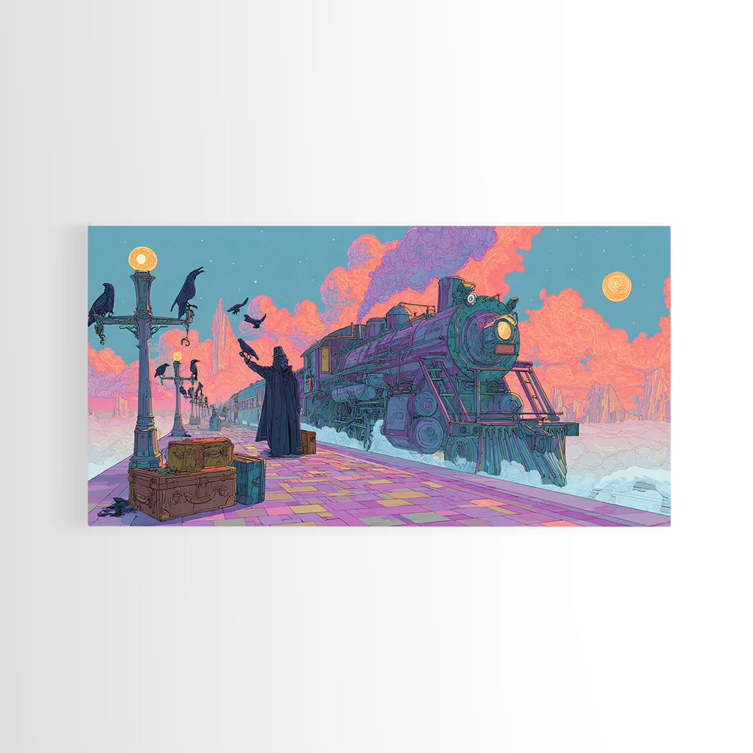 The Phantom Train To Kadath, Cute Spooky Neon Art, Wide Panoramic Art, Framed Canvas Print, Retro Halloween Decor, Neon Wall Art