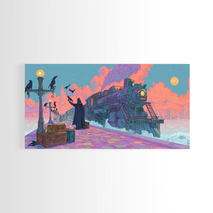 The Phantom Train To Kadath, Cute Spooky Neon Art, Wide Panoramic Art, Framed Canvas Print, Retro Halloween Decor, Neon Wall Art