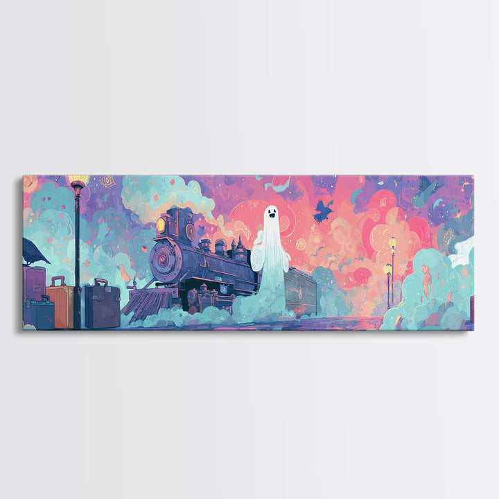The Phantom Train To Kadath, 80s Halloween Wall Art, Extra Wide Wall Art, Canvas Print, Retro Halloween Decor, Neon Wall Art