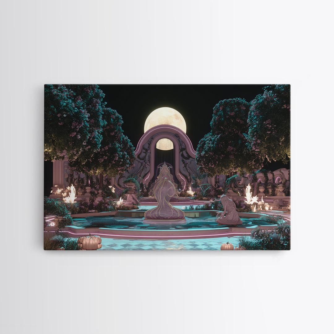 The Garden Of The Eyeless Moon, Synthwave Halloween Art, Landscape Wall Art, Framed Canvas Print, Retro Halloween Decor, Neon Wall Art