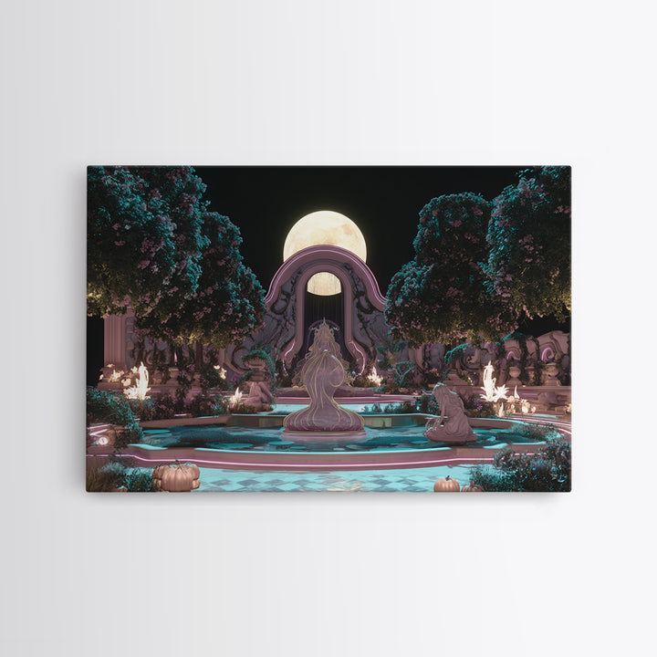 The Garden Of The Eyeless Moon, Synthwave Halloween Art, Landscape Wall Art, Framed Canvas Print, Retro Halloween Decor, Neon Wall Art