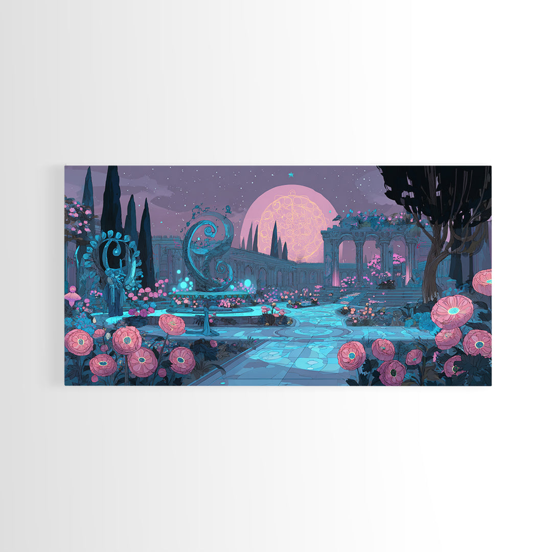 The Garden Of The Eyeless Moon, Synthwave Halloween Art, Wide Panoramic Art, Framed Canvas Print, Retro Halloween Decor, Neon Wall Art