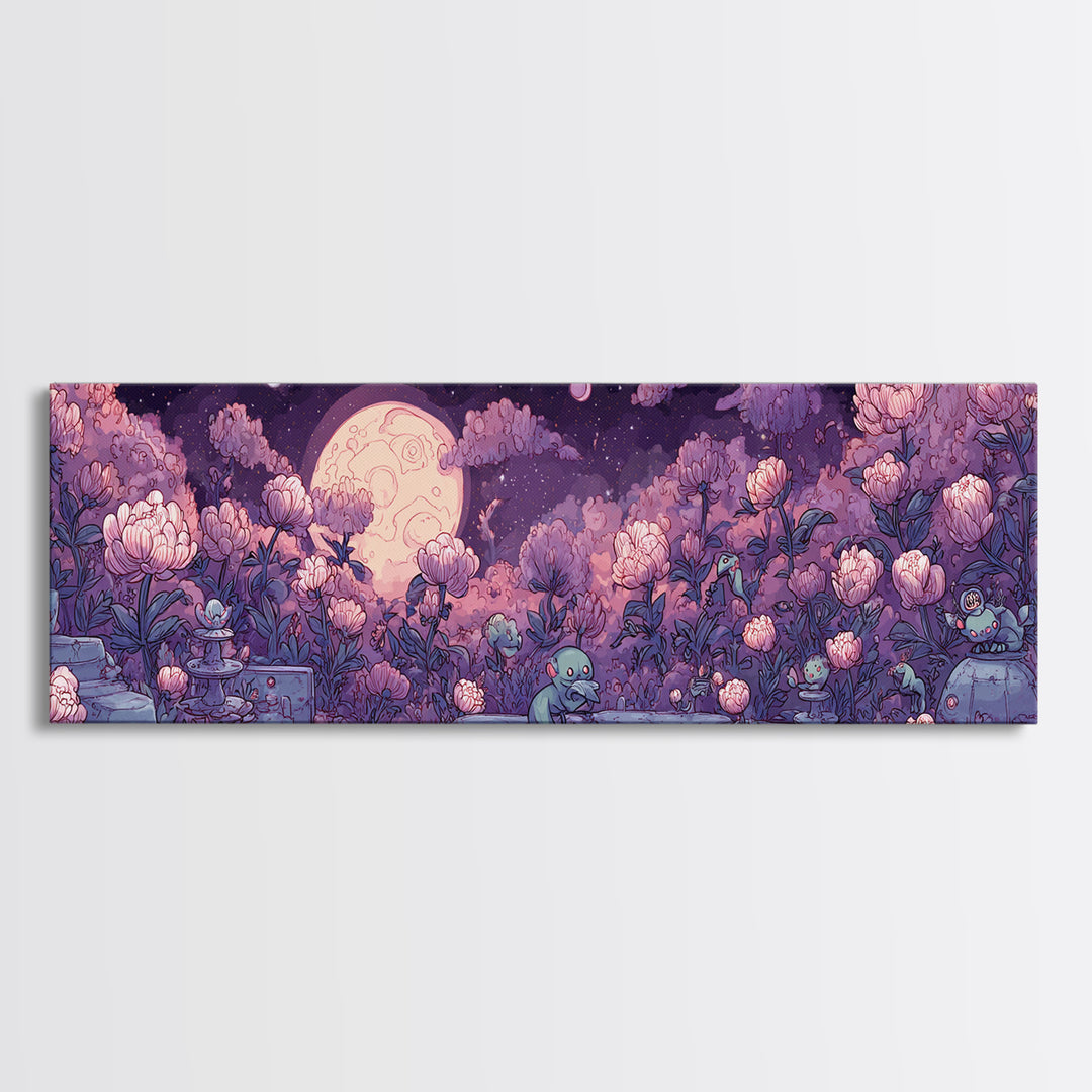 The Garden Of The Eyeless Moon, Synthwave Halloween Art, Extra Wide Wall Art, Framed Canvas Print, Retro Halloween Decor, Neon Wall Art