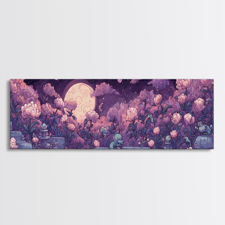 The Garden Of The Eyeless Moon, Synthwave Halloween Art, Extra Wide Wall Art, Framed Canvas Print, Retro Halloween Decor, Neon Wall Art