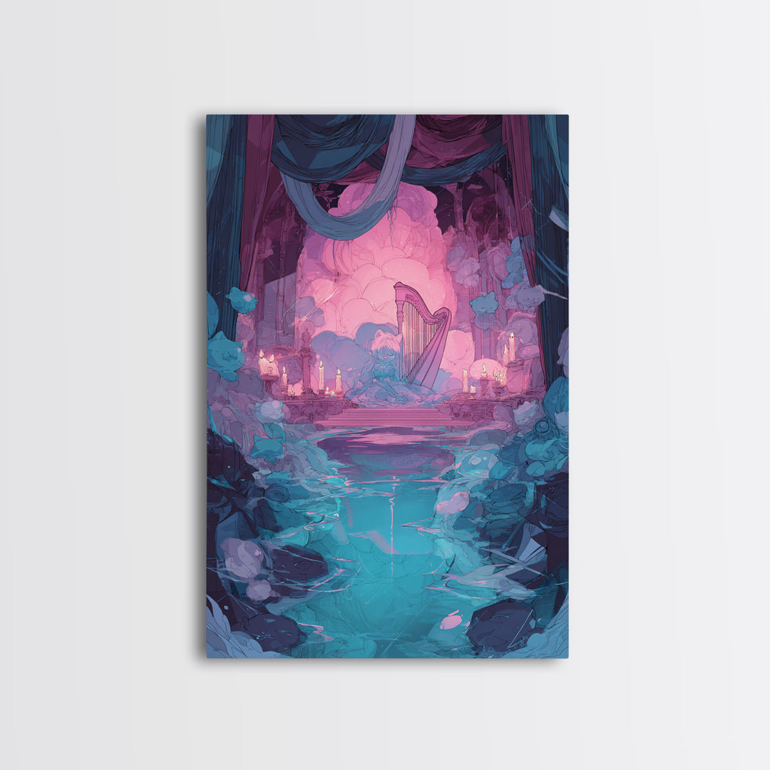The Harpist Of Abyssal Sleep, Cute Eldritch Neon Art, Vertical Wall Art, Canvas Print, Retro Halloween Decor, Neon Wall Art