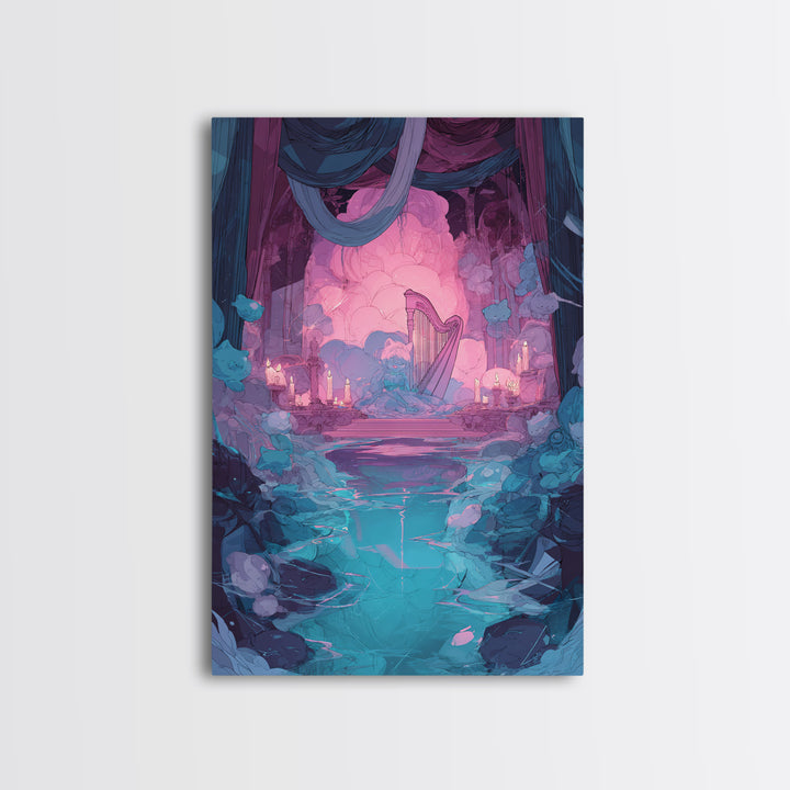 The Harpist Of Abyssal Sleep, Cute Eldritch Neon Art, Vertical Wall Art, Canvas Print, Retro Halloween Decor, Neon Wall Art