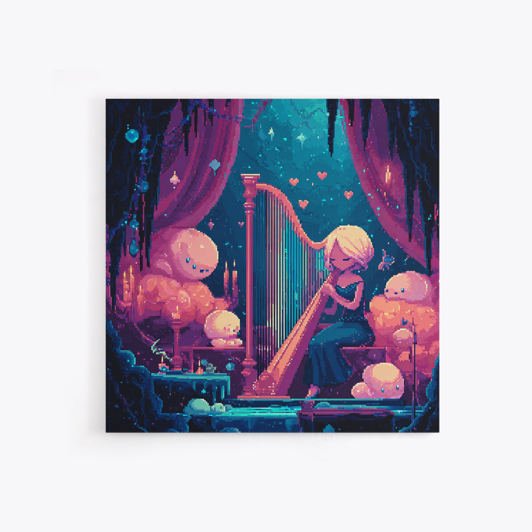 The Harpist Of Abyssal Sleep, Retro Neon Halloween Art, Square Wall Art, Framed Canvas Print, Retro Halloween Decor, Neon Wall Art