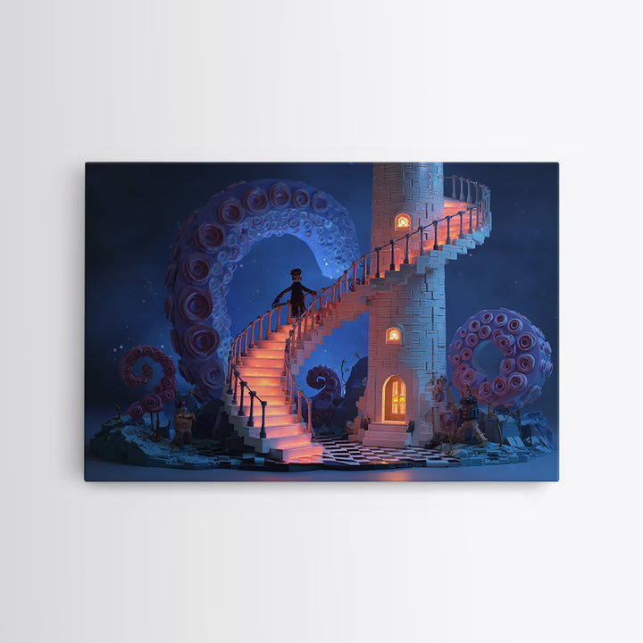 The Last Lighthouse Of Y’Ha-Nthlei, Cute Spooky Neon Art, Landscape Wall Art, Framed Canvas Print, Retro Halloween Decor, Neon Wall Art