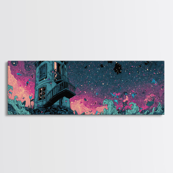 The Last Lighthouse Of Y’Ha-Nthlei, Synthwave Halloween Art, Extra Wide Wall Art, Framed Canvas Print, Retro Halloween Decor, Neon Wall Art