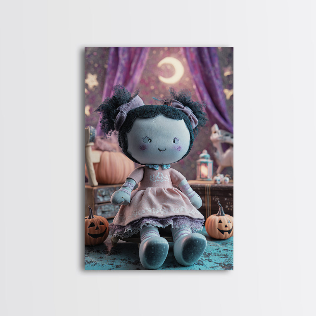 The Doll From Beyond The Void, Retro Neon Halloween Art, Vertical Wall Art, Framed Canvas Print, Retro Halloween Decor, Neon Wall Art