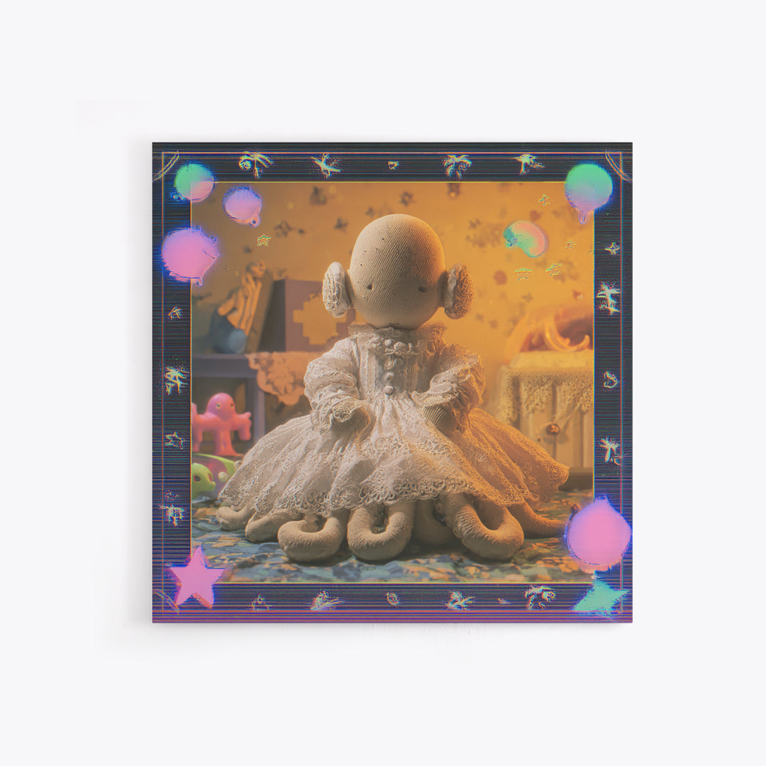 The Doll From Beyond The Void, Cosmic Synthwave Horror, Square Wall Art, Framed Canvas Print, Retro Halloween Decor, Neon Wall Art
