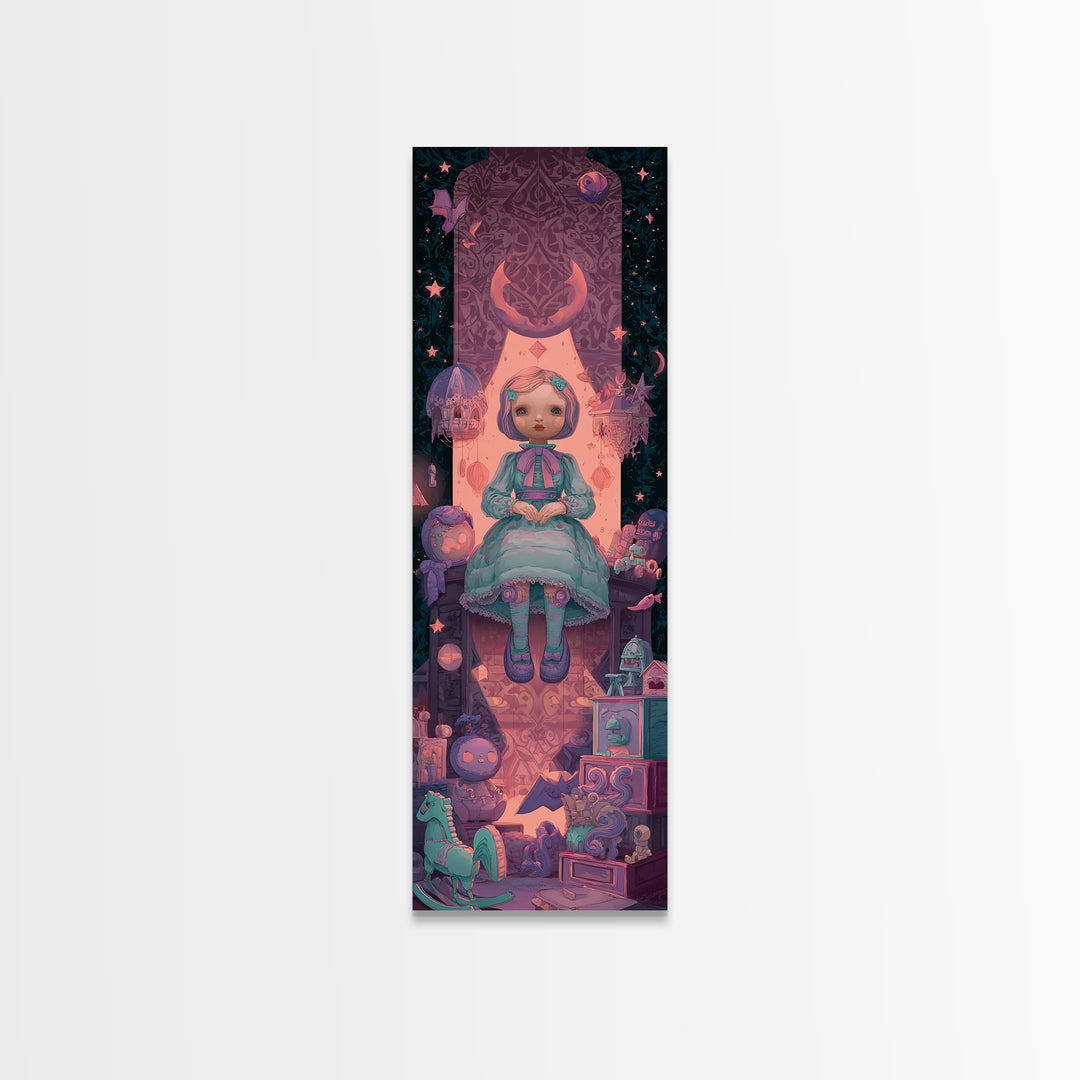 The Doll From Beyond The Void, 80s Halloween Wall Art, Tall Narrow Wall Art, Canvas Print, Retro Halloween Decor, Neon Wall Art