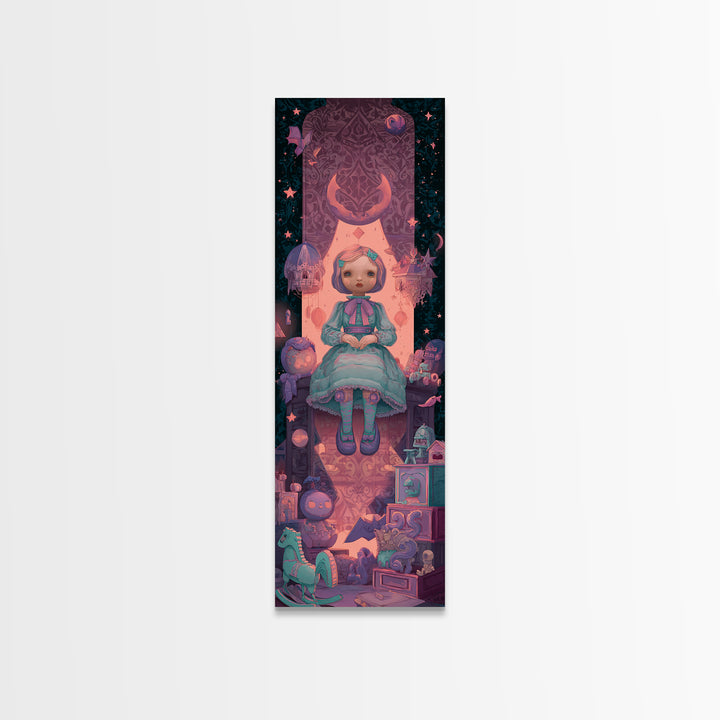 The Doll From Beyond The Void, 80s Halloween Wall Art, Tall Narrow Wall Art, Canvas Print, Retro Halloween Decor, Neon Wall Art