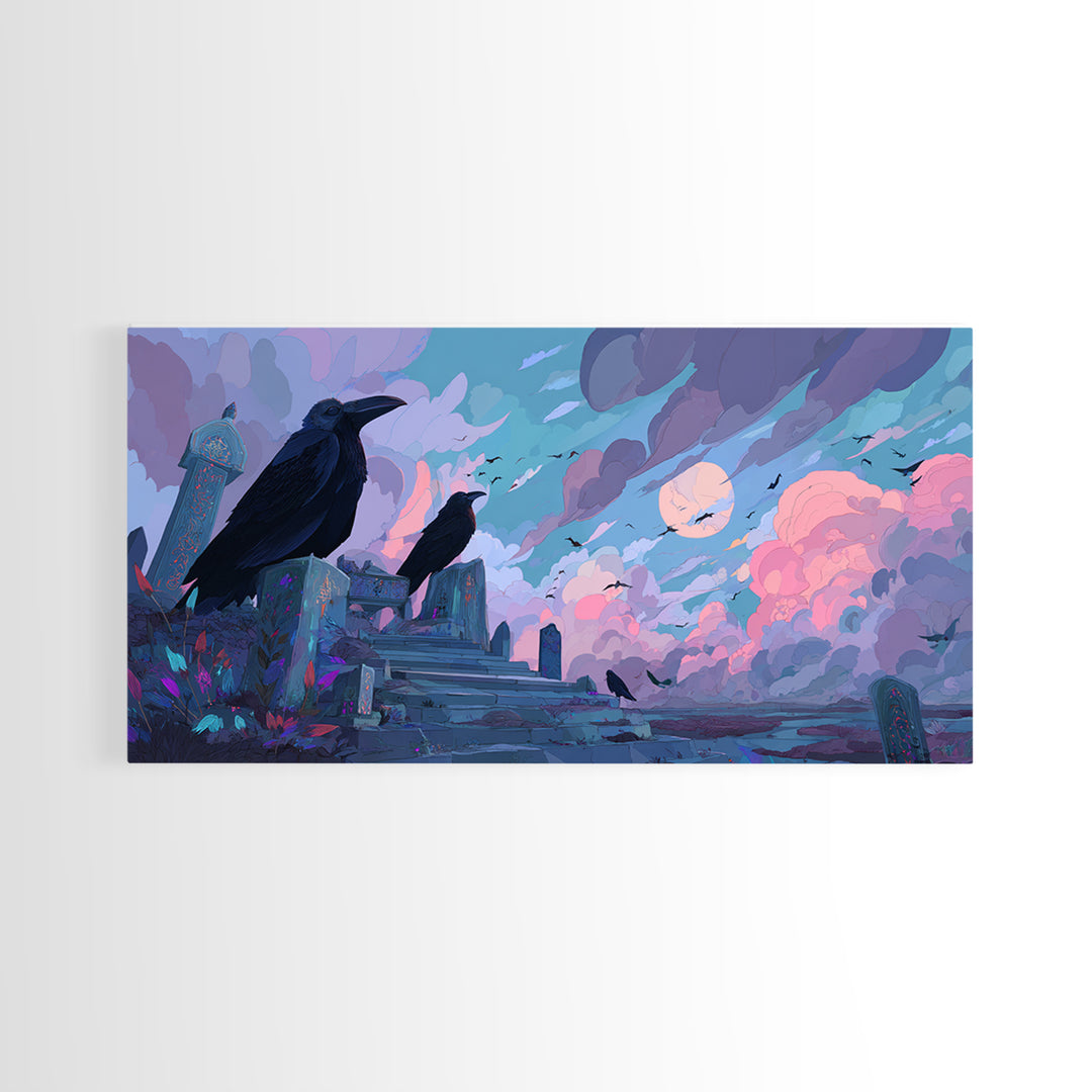 The Raven Sermon Of Leng, Cute Eldritch Neon Art, Wide Panoramic Art, Framed Canvas Print, Retro Halloween Decor, Neon Wall Art