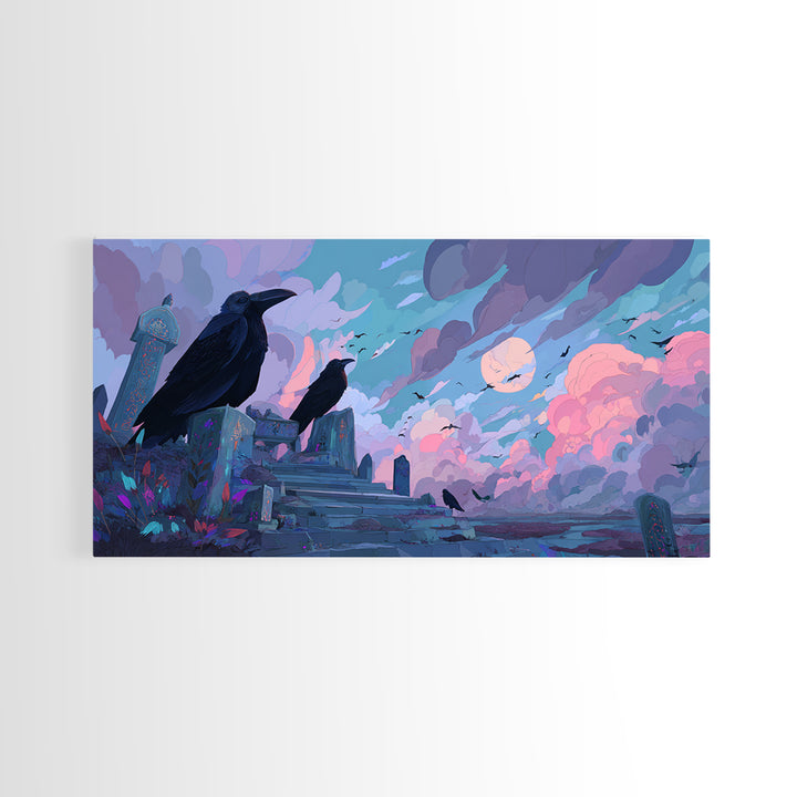 The Raven Sermon Of Leng, Cute Eldritch Neon Art, Wide Panoramic Art, Framed Canvas Print, Retro Halloween Decor, Neon Wall Art