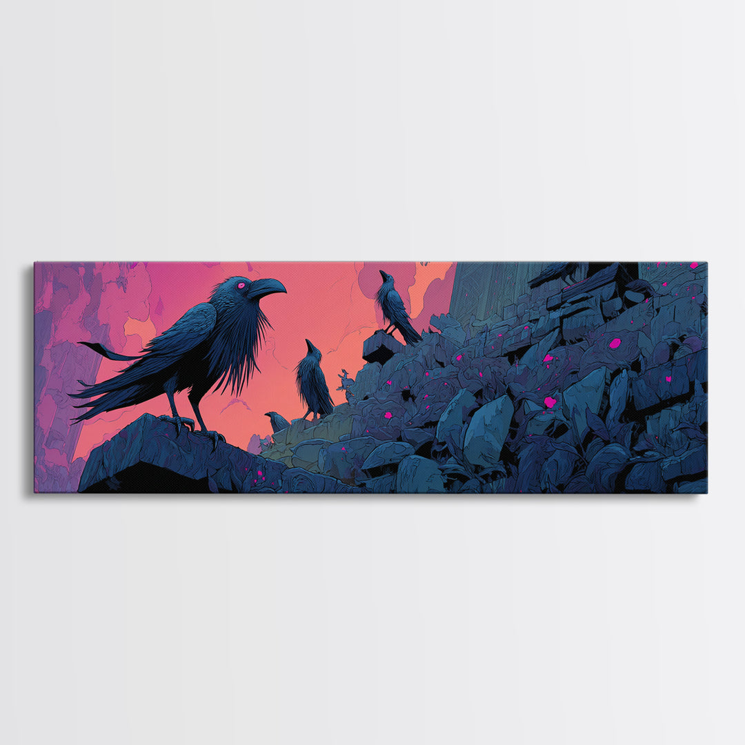 The Raven Sermon Of Leng, Synthwave Halloween Art, Extra Wide Wall Art, Canvas Print, Retro Halloween Decor, Neon Wall Art