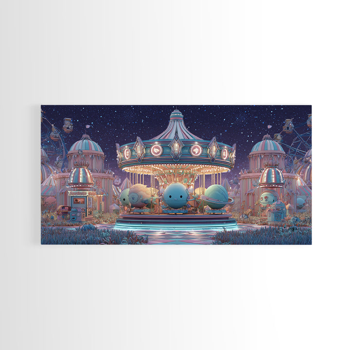 The Carousel Of Sleeping Planets, Retro Neon Halloween Art, Wide Panoramic Art, Canvas Print, Retro Halloween Decor, Neon Wall Art