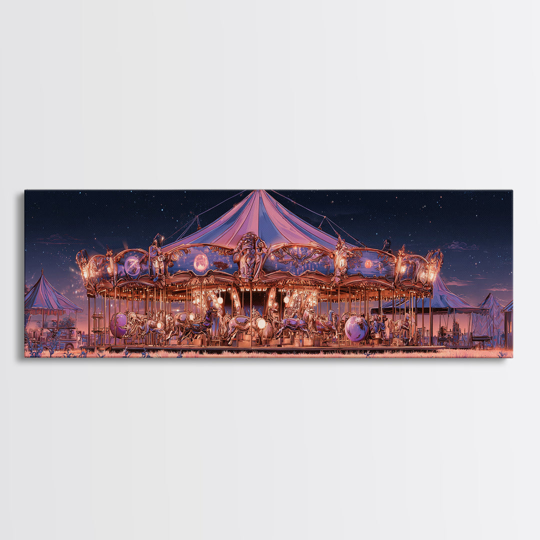 The Carousel Of Sleeping Planets, Cosmic Synthwave Horror, Extra Wide Wall Art, Canvas Print, Retro Halloween Decor, Neon Wall Art