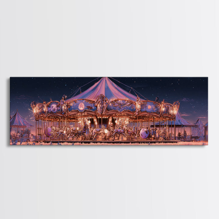 The Carousel Of Sleeping Planets, Cosmic Synthwave Horror, Extra Wide Wall Art, Canvas Print, Retro Halloween Decor, Neon Wall Art
