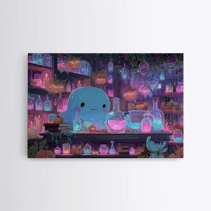 The Apothecary Of Black Seashell Dreams, Cosmic Synthwave Horror, Landscape Wall Art, Framed Canvas Print, Retro Halloween Decor