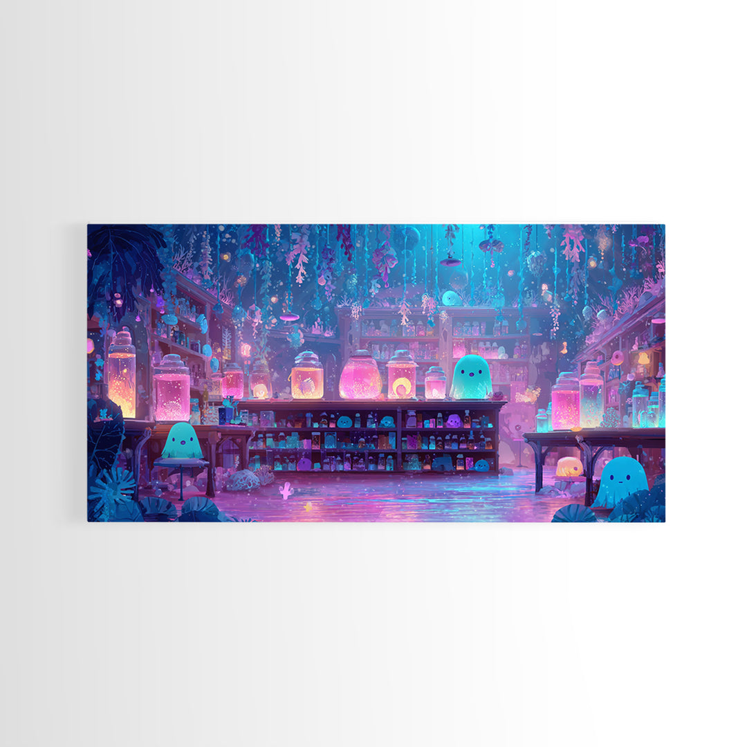 The Apothecary Of Black Seashell Dreams, Cute Eldritch Neon Art, Wide Panoramic Art, Canvas Print, Retro Halloween Decor, Neon Wall Art