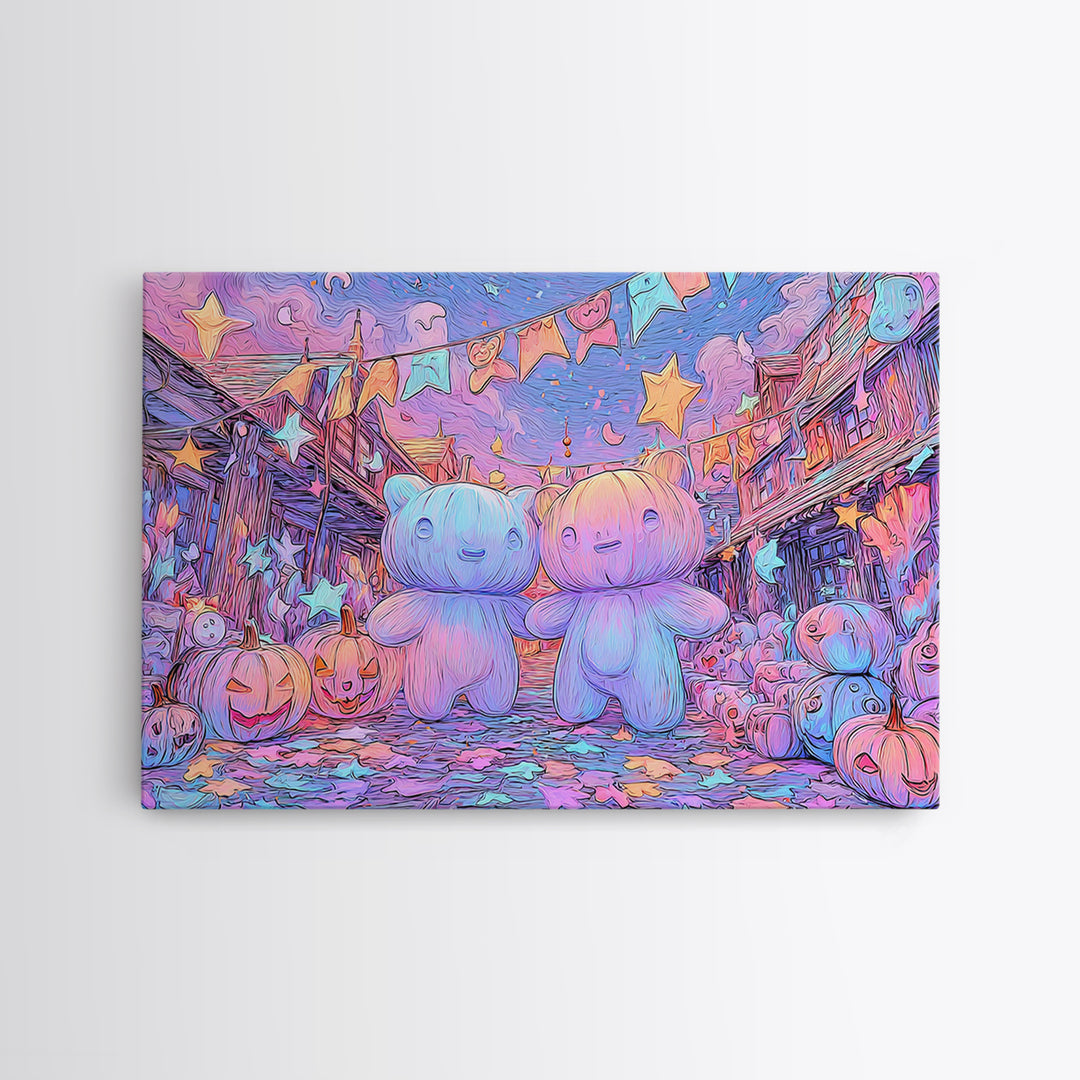 The Festival Of The Little Old Ones, Synthwave Halloween Art, Landscape Wall Art, Framed Canvas Print, Retro Halloween Decor, Neon Wall Art