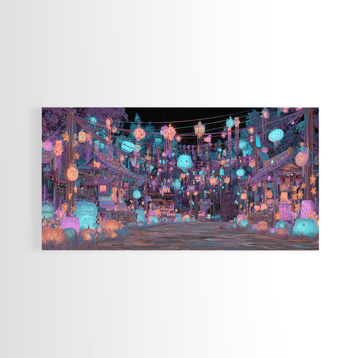 The Festival Of The Little Old Ones, Cute Eldritch Neon Art, Wide Panoramic Art, Canvas Print, Retro Halloween Decor, Neon Wall Art